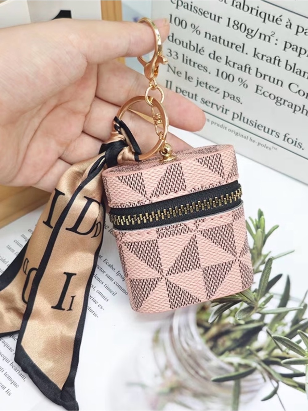 Bag Charm Pink Geometric Zip Key Chain & Earbud Holder with Scarf Accent NWT